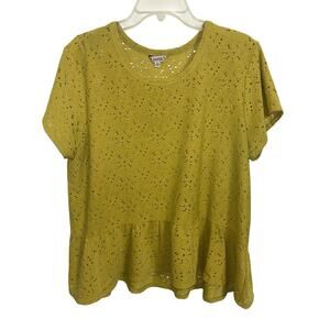 Chartreuse Floral Eyelet Sheer Peplum Short Sleeve Top XL Boho Cottage Stretch